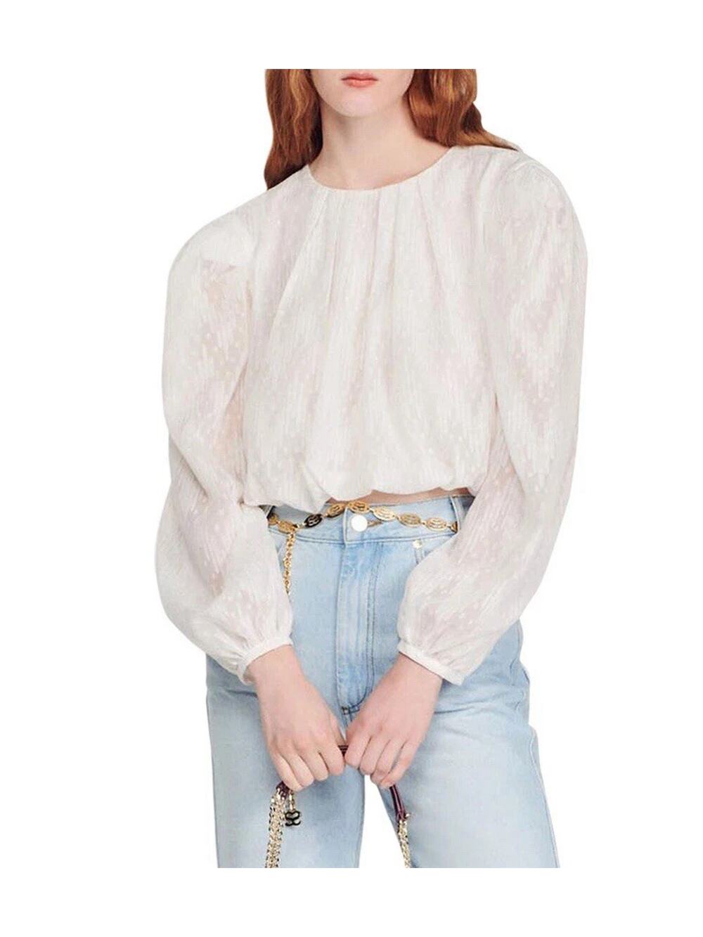 Sandro White Cropped Balloon Sleeves Top M